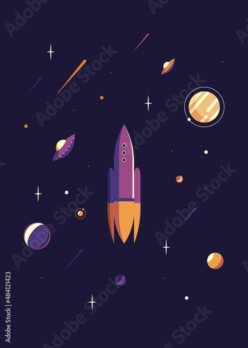 Space poster with rocket and flying saucer. Placard design in flat style.