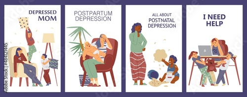 Set of posters with concept of postpartum depression, flat vector illustration.