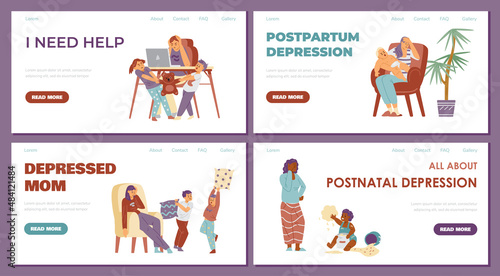 Mom's depression, postpartum depression. Set of vector flat web templates for landing, moms in stress who need help.