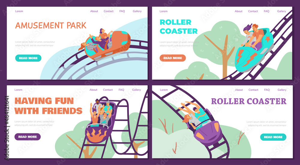 Amusement park with roller coasters. Set of web template designs with people on roller coaster. Vector illustration. Amusement park with roller coasters. Set of web template designs with people on roller coaster. Vector illustration.