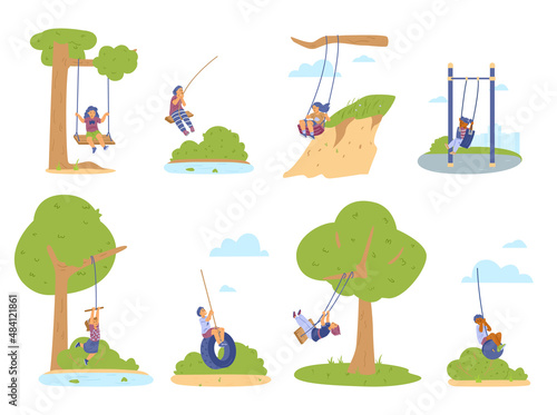 Happy child on swing. Set of vector flat illustrations of children on swing outdoors isolated on white background.