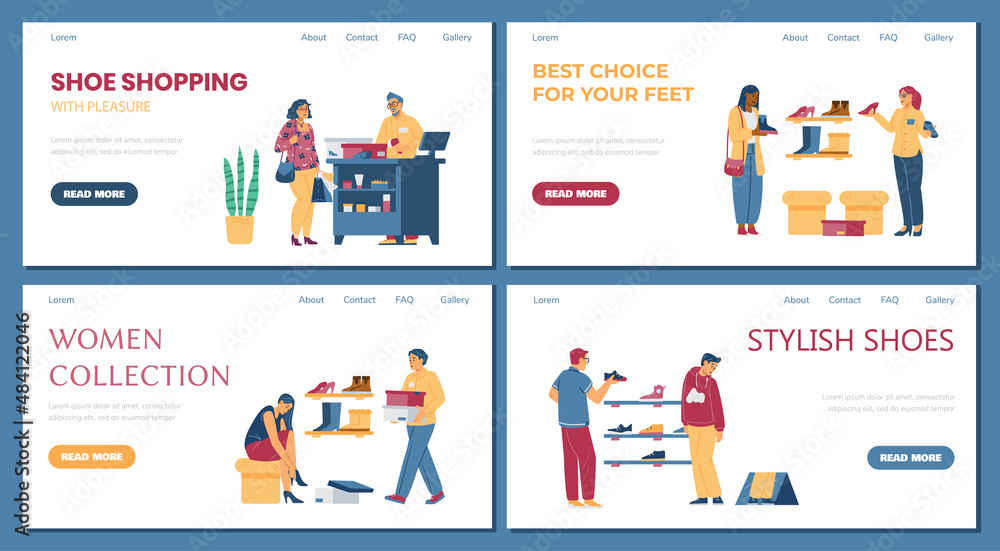 Footwear store. Set of landing page with people who buy shoes. Set of vector flat cartoon color illustration.