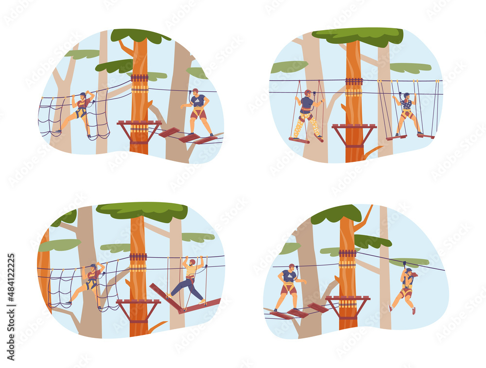 Rope park. Set of flat cartoon vector illustrations with people having