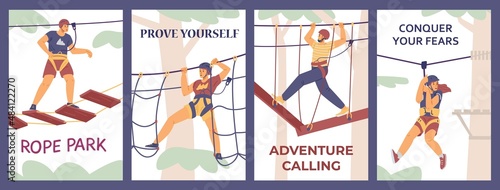 Extreme rope adventure park posters set in flat vector illustration
