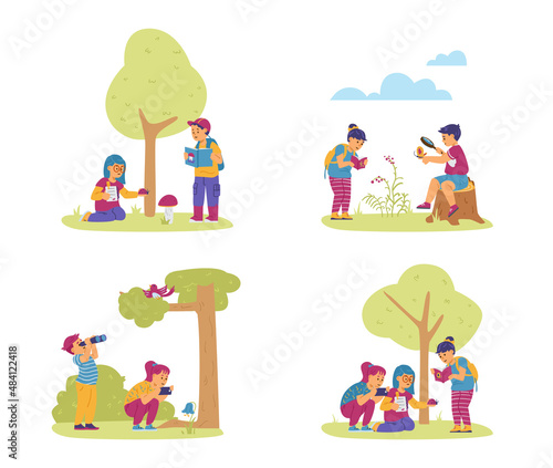 Little Kids Holding Magnifying Glass, Binoculars and Phone with Camera Exploring Nature Vector Illustrations Set.