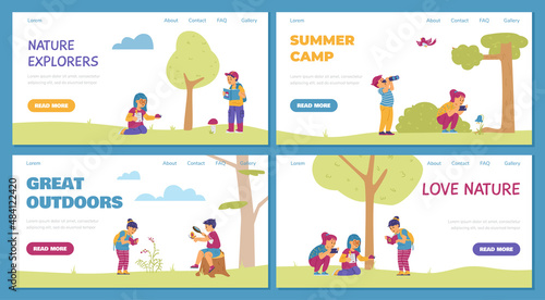 Boys and girls in summer camp explore nature  making photos with camera and watching birds  vector banner set