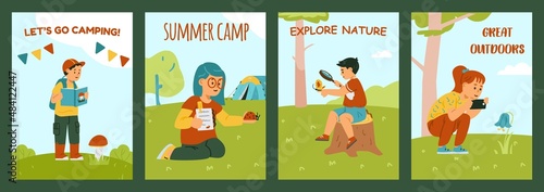 Little Kids Holding Magnifying Glass and Camera Exploring Nature Vector Illustrations Clipart.
