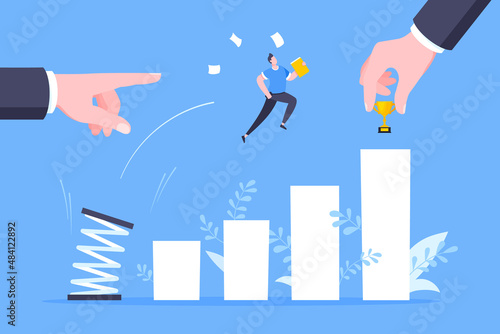 Business mentor helps to improve career with springboard vector illustration. Business person jumps above career ladder graph. Success growth, motivation opportunity, boost career concept.