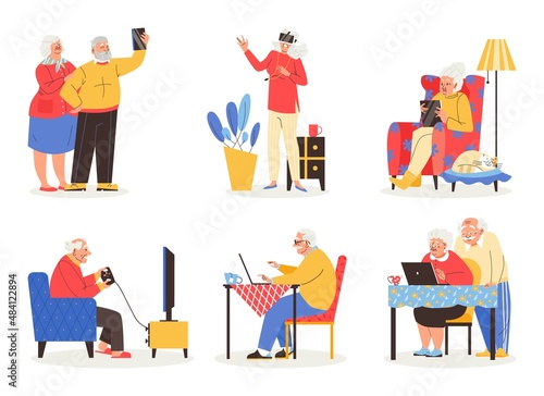 Elder man and senior woman using technology vector set. Old people playing video games and VR, having video meeting.