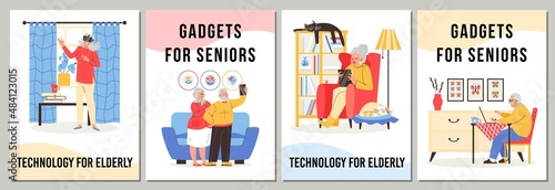 Elderly people use modern gadgets to improve their lives, communicate with relatives. Set of vector flat illustrations.