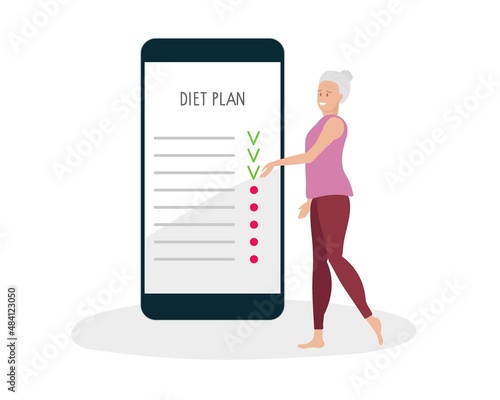 Elderly woman keeps to diet. Smartphone diet plan. Senior woman wearing sportswear completed items of list. Abstract smartphone interface with list. Checklist on screen. Flat Vector illustration.