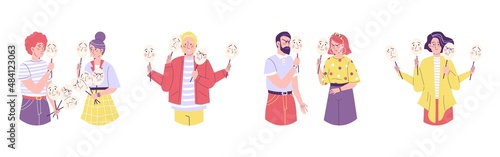 People are holding masks in their hands. Set of characters. Vector cartoon illustration isolated on white background. photo