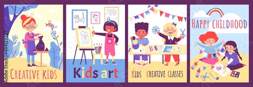 Kids creative and art classes, crafting activity banners collection. Vector illustration isolated on white background.