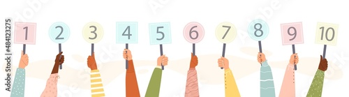 Hands holding score cards, flat vector illustration isolated on white.