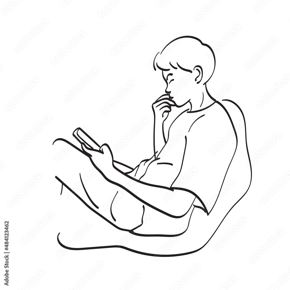 line art full length male teenager using smartphone on sofa illustration vector hand drawn isolated on white background line art full length male teenager using smartphone on sofa illustration vector hand drawn isolated on white background