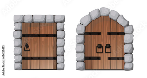 Castle door medieval. Vector cartoon style. Doors with stones isolated on white background.