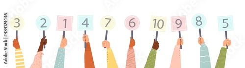 Hands holding score cards with numbers, flat vector illustration isolated.