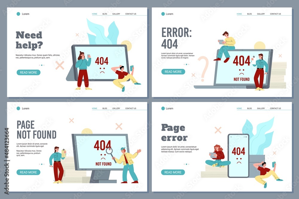 Error 404 or not found page problem web banners, flat vector illustration. Error 404 or not found page problem web banners, flat vector illustration.
