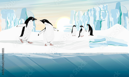 A flock of Adelie Penguin stands on the ocean shore with a glacier in the background. Birds of the South Field. Realistic vector landscape