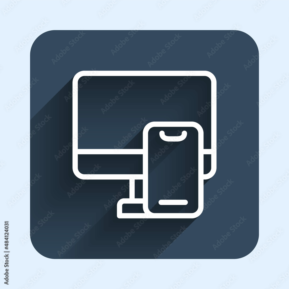 White line Online ordering and fast food delivery icon isolated with long shadow background. Blue square button. Vector White line Online ordering and fast food delivery icon isolated with long shadow background. Blue square button. Vector