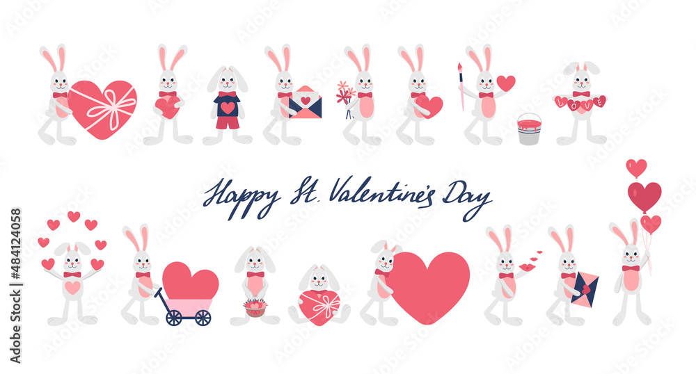 Cute romantic bunny with heart, balloons, flovers, love letter for St. Valentines day postcard. Calligraphy and rabbit composition for 14 February. Flat vector illustration