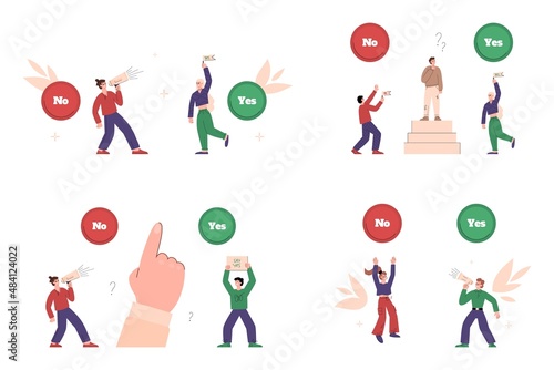 Persuasion and conviction for solution, flat vector illustrations seta isolated.