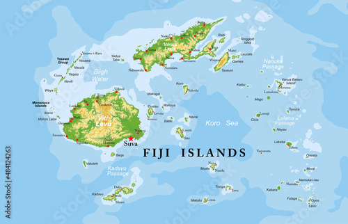 Fiji islands highly detailed physical map