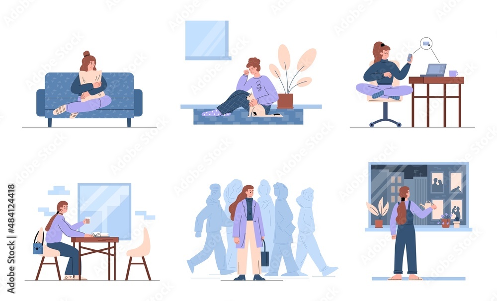Lonely and single woman walks alone, waters plants, reads in cafe - flat vector illustration on white background.