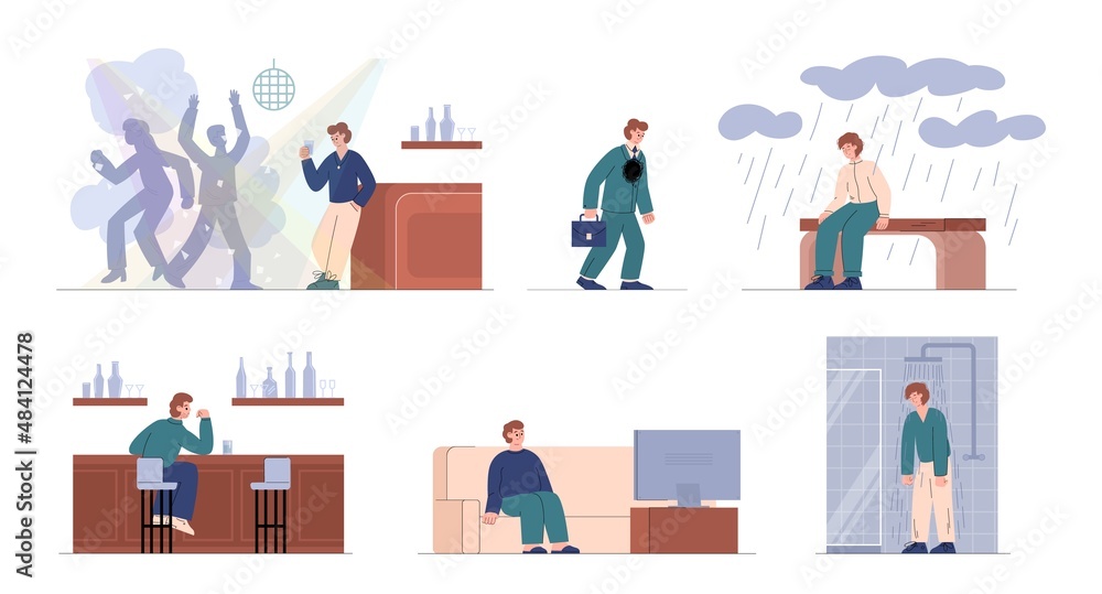 Depressed and unhappy man feels loneliness, flat vector illustration isolated on white background.
