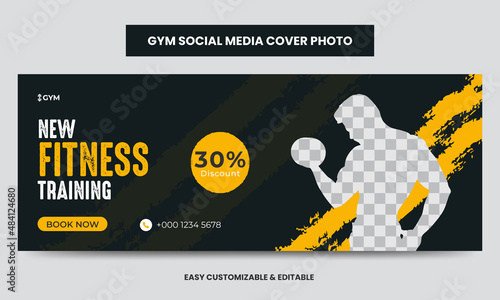 Fitness gym training social media cover photo template. Gym agency social media timeline web banner 