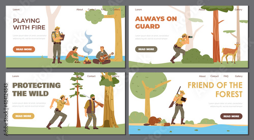 Nature reserve and forest guards rangers web banners flat vector illustration.
