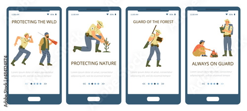 Onboarding mobile pages kit for rangers forces, flat vector illustration.