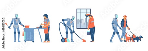 Robot helps with housekeeping and pets care, flat vector illustration isolated.