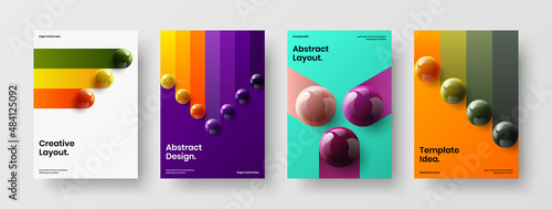 Abstract annual report A4 design vector template set. Isolated 3D spheres booklet concept bundle.