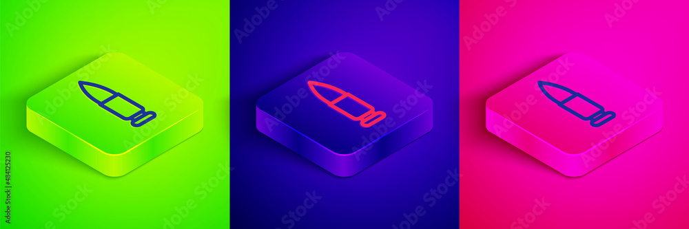 Isometric line Bullet icon isolated on green, blue and pink background. Square button. Vector Isometric line Bullet icon isolated on green, blue and pink background. Square button. Vector