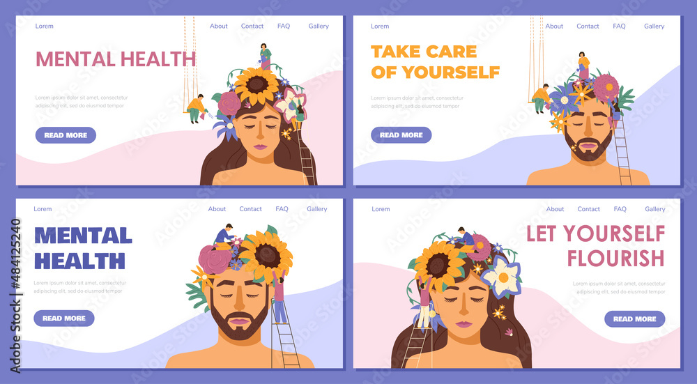 Mental health and self love landing page with blooming flowers on peoples head, flat vector illustration. Mental health and self love landing page with blooming flowers on peoples head, flat vector illustration.