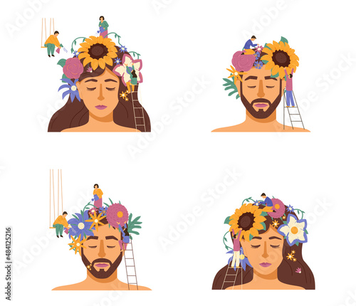 Blooming flowers on peoples head, mental health abstract flat vector illustration isolated on white background.