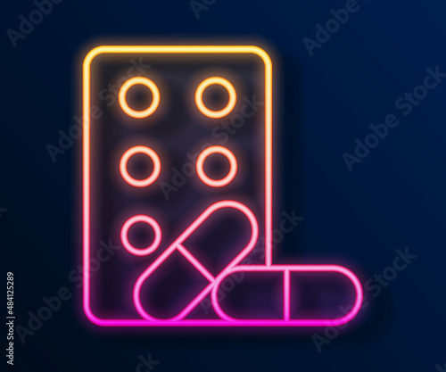 Glowing neon line Sports doping, anabolic drugs with dumbbell icon isolated on black background. Anabolic steroids tablet. Pills in jar. Vector