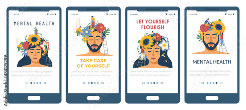 Mental health concept with people and flowers on their heads, onboarding screens template set, flat vector illustration.