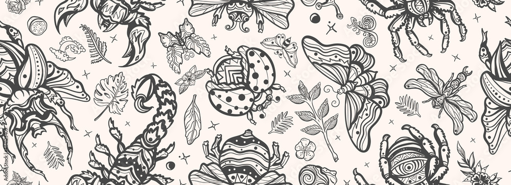 Fototapeta premium Stag beetle, bee, bumblebee, butterfly, snail, scorpion, ladybug, spider and dragonfly. Insects background. Old school tattoo vector seamless pattern