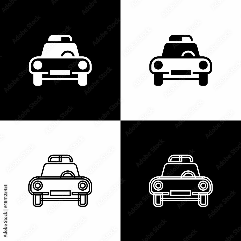 Set Police car and police flasher icon isolated on black and white background. Emergency flashing siren. Vector Set Police car and police flasher icon isolated on black and white background. Emergency flashing siren. Vector