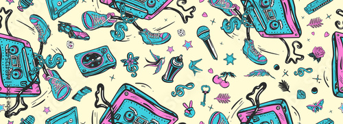 Musical street culture. Old school music. Seamless pattern. Hip hop art. Audio cassette dances break dance. Funny background