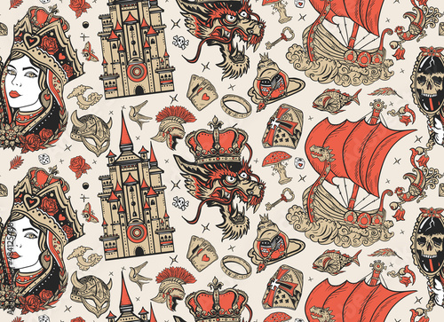 Fairy tales old school tattoo seamless pattern. Middle Ages magic legends art. Fantasy tattooing style background. Medieval castle, queen in the golden, crown, dragon, knight, sword and princess frog