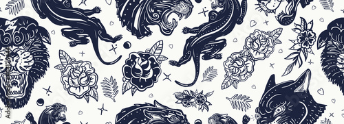 Photography Black panthers and roses flowers  seamless pattern