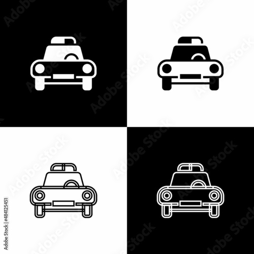 Set Police car and police flasher icon isolated on black and white background. Emergency flashing siren. Vector
