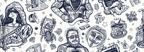 Superman programmer and African American woman hacker. web software development background. Programming and hacking. Anonymous mask, night coding, dark Internet, cybercrime. Old school tattoo pattern