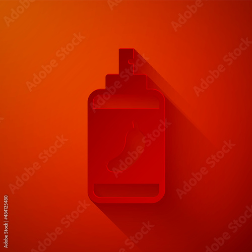 Paper cut Pepper spray icon isolated on red background. OC gas. Capsicum self defense aerosol. Paper art style. Vector