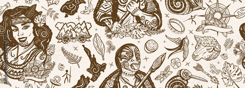 New Zealand seamless pattern. Tradition and people. Tourism and travel. Old school tattoo background. Aboriginal tribes. Ethnic Polynesian woman in traditional costume. Maori man warrior grimace