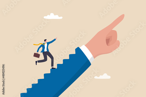 Success step, leadership or career path growth direction, motivation and determination to grow and success, stairway to achieve target concept, businessman step up stairway on leader pointing hand.