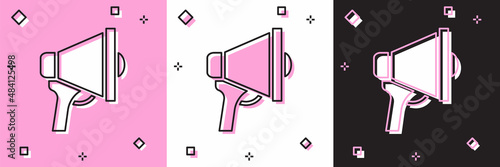 Set Megaphone icon isolated on pink and white, black background. Speaker sign. Vector